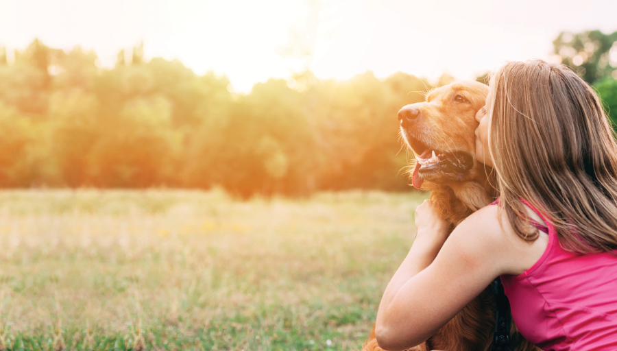 Frau sitzt mit ihrem Hund auf einer Wiese und küsst sein Gesicht