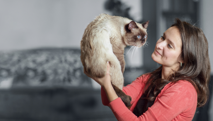 Eine Frau betrachtet das Gesicht ihrer Katze, während sie sie in die Luft hält