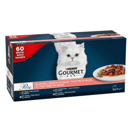GOURMET™ Perle Erlesene Streifen in Sauce mit Rind, Huhn, Lachs, Kanichen 60x85 g​