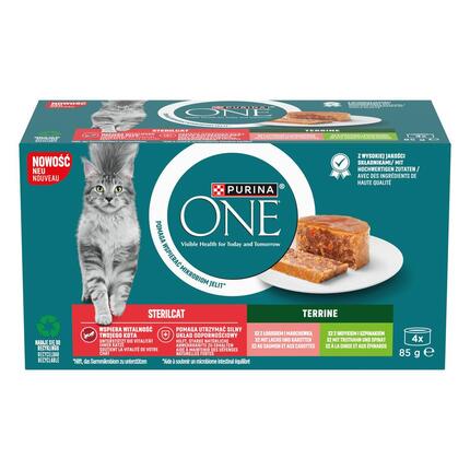 PURINA ONE STERILCAT Terrines au Saumon et aux Carottes, à la Dinde et aux épinards, Aliment humide pour Chats, Boite 4x85g