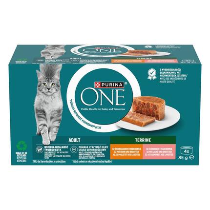 PURINA ONE ADULT TERRINE MIT HUHN UND KAROTTEN, MIT LACHS UND KAROTTEN, Katzennassfutter, Dose 4x85g