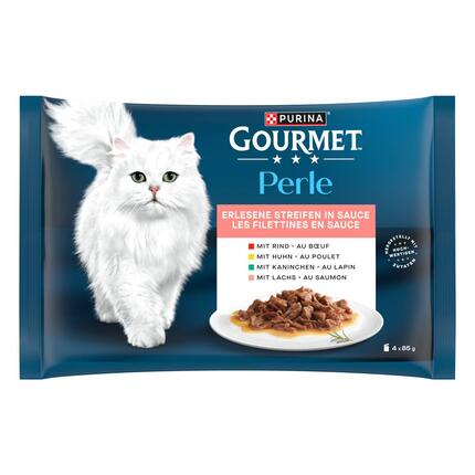 PURINA Gourmet Perle Erlesene Streifen in Sauce, mit Beef, Kanninchen, Huhn, Lachs