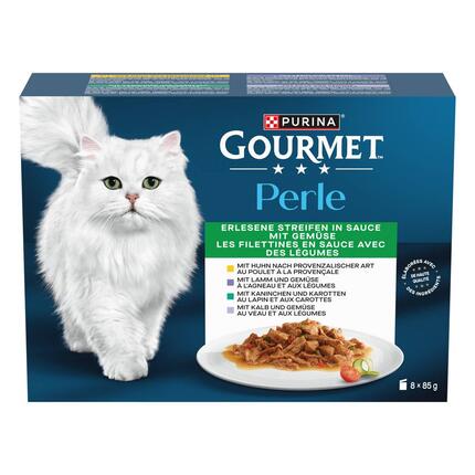 PURINA Gourmet Perle Erlesene Streifen in Sauce, mit Kaninchen und Gemüse, Huhn und Gemüse, Lamm und Gemüse, Kalb und Gemüse