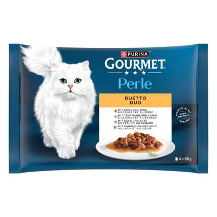PURINA Gourmet Perle Duetto, mit Huhn und Rind, Kalb und Ente, Truthahn und Lamm, Kanninchen und Wild