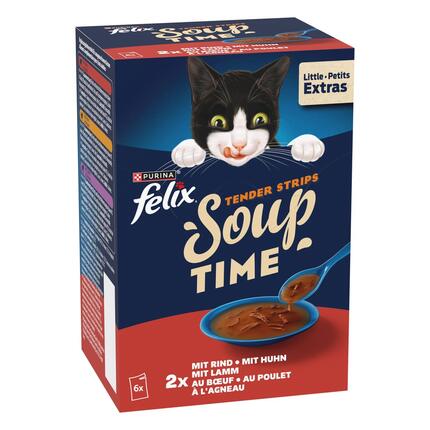 FELIX Soup Time Tender Strips Katzennassfutter für ausgewachsene Katzen mit Rind, Huhn und Lamm 6x48 g Portionsbeutel
