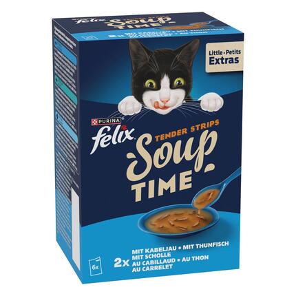 FELIX SOUP TIME Tender Strips mit Kabeljau, Thunfisch und Scholle, Katze Nassfutter, 6x48 g Portionsbeutel