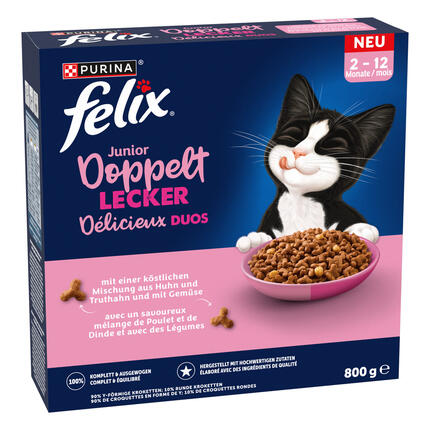 FELIX® Délicieux Duos Junior Poulet, Dinde, avec du Lait et des Légumes