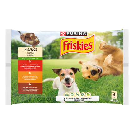 PURINA FRISKIES Adulte en Sauce au Poulet, Carottes, Bœuf, Pommes de Terre, Agneau et aux Carottes