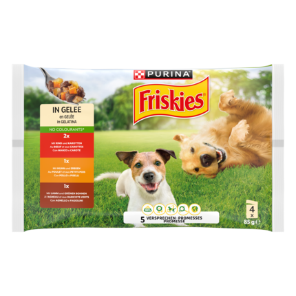 PURINA FRISKIES Adulte en Gelée au Poulet, Petits Pois, Bœuf, Carottes, Agneau et Haricots Verts