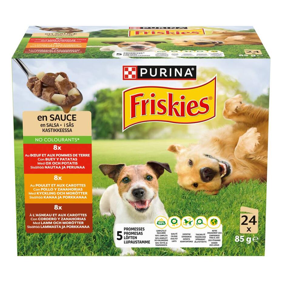 Friskies® Dog Adult in Sauce, Rind Huhn Lamm Gemüse, 24x85g