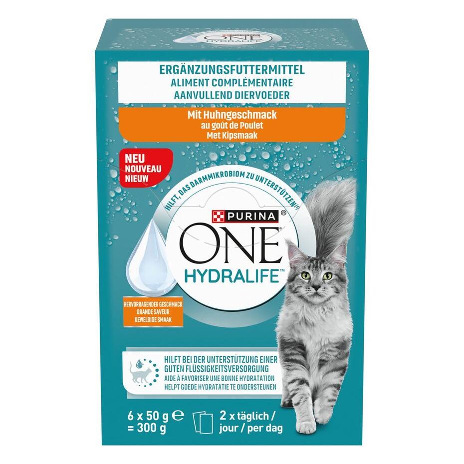 PURINA ONE HYDRALIFE Ergänzungsfuttermittel für ausgewachsene Katzen mit Huhngeschmack, Beutel 6x50g