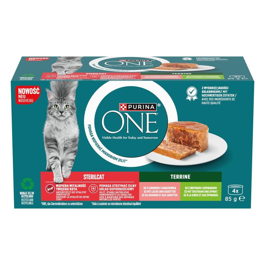 PURINA ONE STERILCAT Terrines au Saumon et aux Carottes, à la Dinde et aux épinards, Aliment humide pour Chats, Boite 4x85g