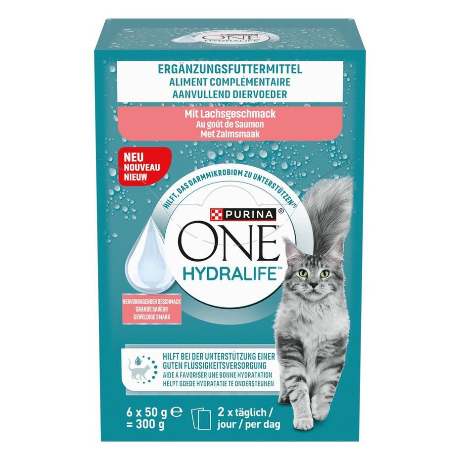 PURINA ONE HYDRALIFE Ergänzungsfuttermittel für ausgewachsene Katzen mit Lachsgeschmack, Beutel 6x50g