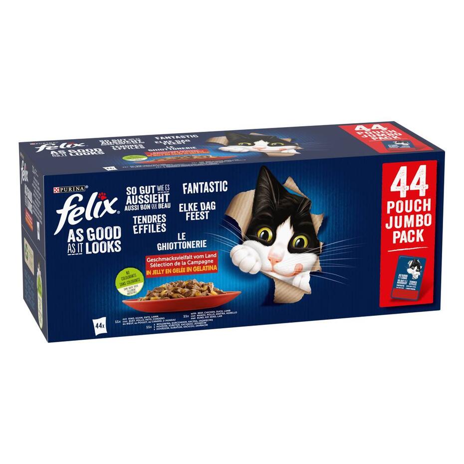 FELIX Aussi Bon Que Beau en Gelée au Bœuf, Poulet, Canard, Agneau, Aliment humide pour Chats, Sachet 44x85g