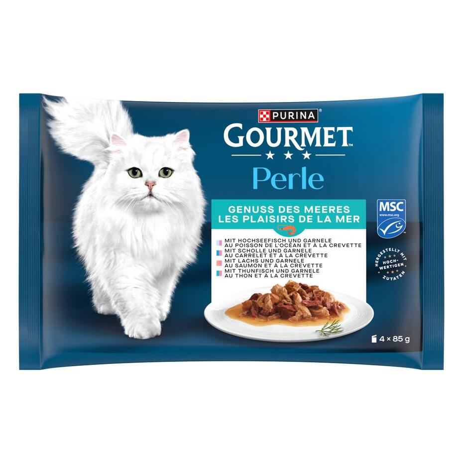 PURINA Gourmet Perle Genuss des Meeres, mit Hochseefisch und Garnelen, Lachs und Garnelen, Scholle und Garnelen, Thunfisch un