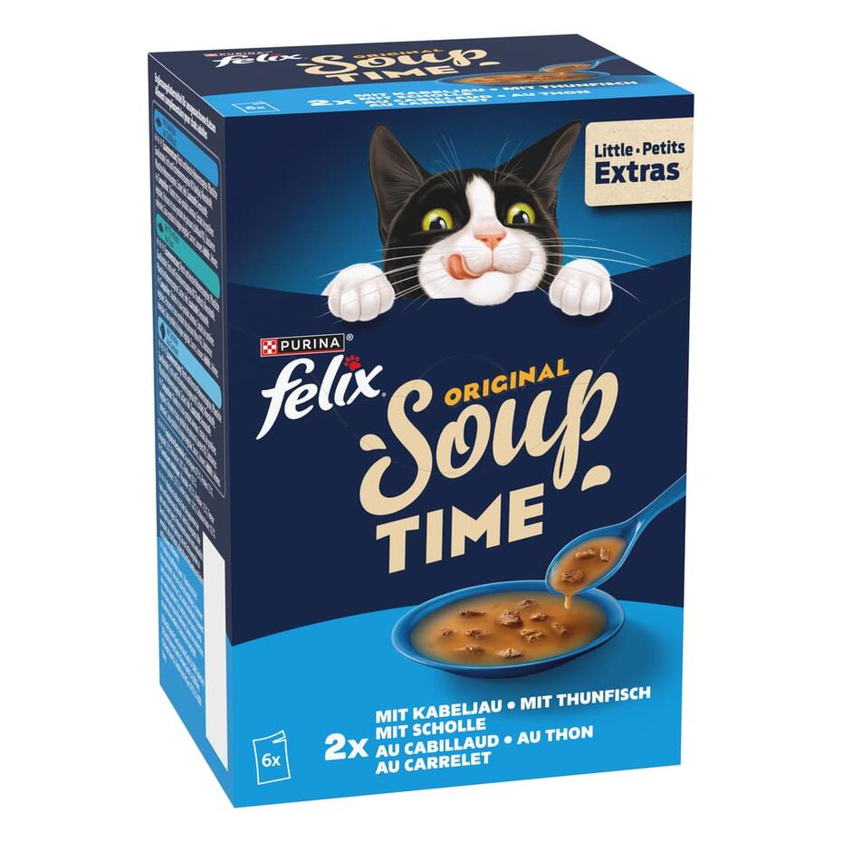 FELIX SOUP TIME Original mit Kabeljau, Thunfisch und Scholle, Katze Nassfutter, 6x48 g Portionsbeutel