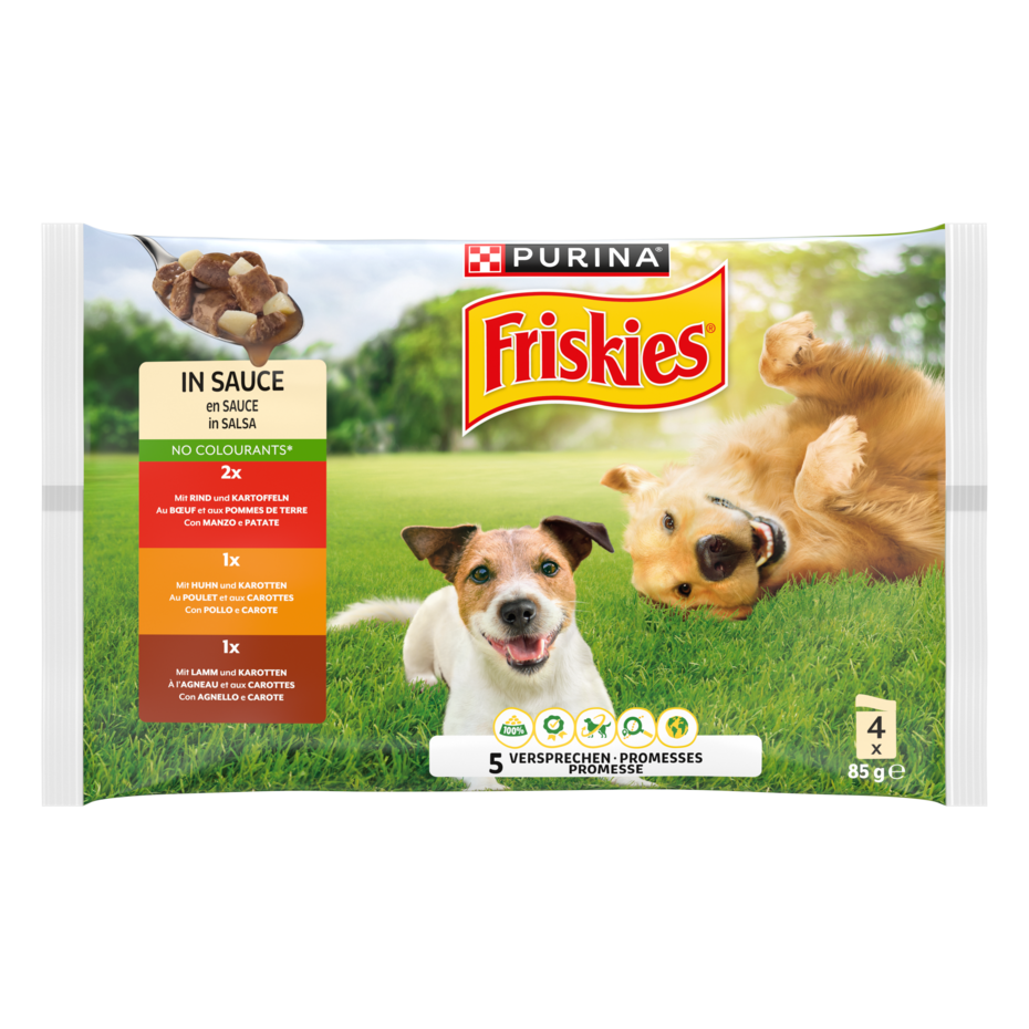 PURINA FRISKIES Adulte en Sauce au Poulet, Carottes, Bœuf, Pommes de Terre, Agneau et aux Carottes