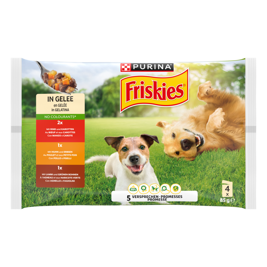 PURINA FRISKIES Adulte en Gelée au Poulet, Petits Pois, Bœuf, Carottes, Agneau et Haricots Verts