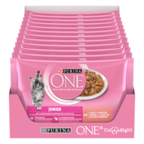 PURINA ONE® JUNIOR zarte Stückchen in Sauce mit Lachs und Karotten