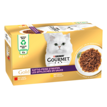 GOURMET GOLD Les éffilochés en sauce au boeuf et poulet, aliment complet pour chats adultes, boites de 4x85g