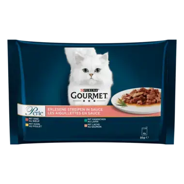 GOURMET™ PERLE Les Aiguillettes en Sauce Bœuf, poulet, saumon, lapin 4x85 g