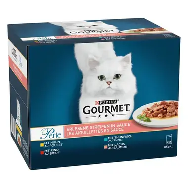 GOURMET™ Perle Erlesene Streifen in Sauce mit Rind, Huhn, Lachs, Kanichen 24x85 g