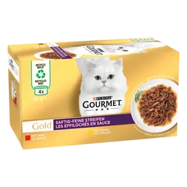 GOURMET GOLD Les éffilochés en sauce au boeuf et poulet, aliment complet pour chats adultes, boites de 4x85g