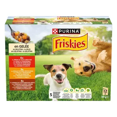 Friskies® Dog Adult in Gelee, Huhn Rind Lamm Gemüse, 12x85g
