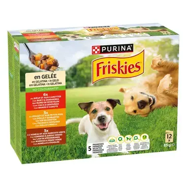 Friskies® Dog Adult in Gelee, Huhn Rind Lamm Gemüse, 12x85g
