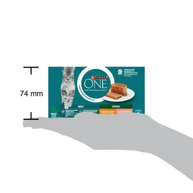 PURINA ONE ADULT TERRINE MIT HUHN UND KAROTTEN, MIT LACHS UND KAROTTEN, Katzennassfutter, Dose 4x85g