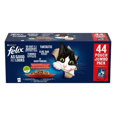 FELIX Aussi Bon Que Beau en Gelée au Bœuf, Poulet, Canard, Agneau, Aliment humide pour Chats, Sachet 44x85g