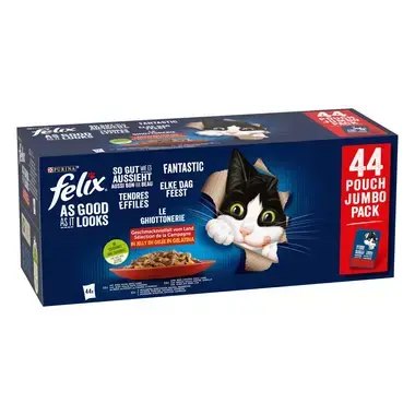 FELIX Aussi Bon Que Beau en Gelée au Bœuf, Poulet, Canard, Agneau, Aliment humide pour Chats, Sachet 44x85g