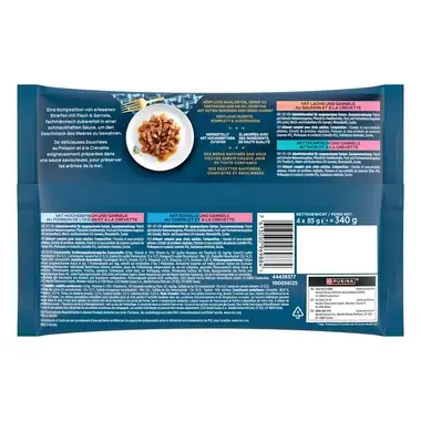 PURINA Gourmet Perle Genuss des Meeres, mit Hochseefisch und Garnelen, Lachs und Garnelen, Scholle und Garnelen, Thunfisch un