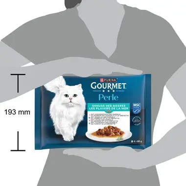 PURINA Gourmet Perle Genuss des Meeres, mit Hochseefisch und Garnelen, Lachs und Garnelen, Scholle und Garnelen, Thunfisch un