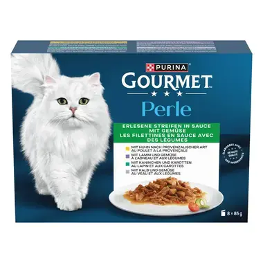 PURINA Gourmet Perle Erlesene Streifen in Sauce, mit Kaninchen und Gemüse, Huhn und Gemüse, Lamm und Gemüse, Kalb und Gemüse