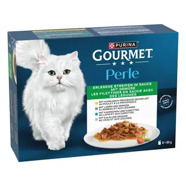 PURINA Gourmet Perle Erlesene Streifen in Sauce, mit Kaninchen und Gemüse, Huhn und Gemüse, Lamm und Gemüse, Kalb und Gemüse