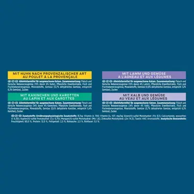 PURINA Gourmet Perle Erlesene Streifen in Sauce, mit Kaninchen und Gemüse, Huhn und Gemüse, Lamm und Gemüse, Kalb und Gemüse