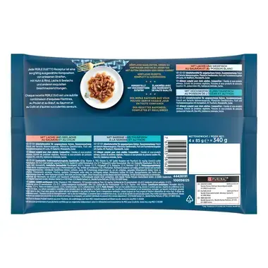 PURINA Gourmet Perle Duetto, mit Lachs und Weissfisch, Lachs und Seelachs, Hochseefisch und Thunfisch, Sardine und Thunfisch