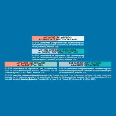 PURINA Gourmet Perle Duetto, mit Lachs und Weissfisch, Lachs und Seelachs, Hochseefisch und Thunfisch, Sardine und Thunfisch