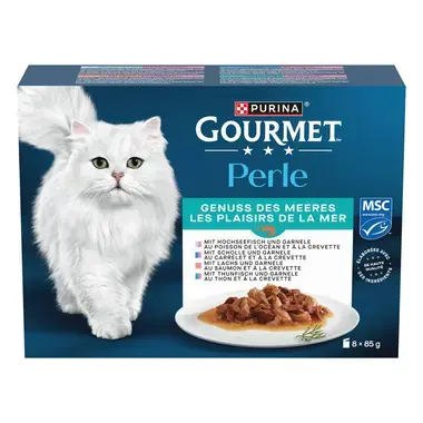 PURINA Gourmet Perle Genuss des Meeres, mit Hochseefisch und Garnelen, Lachs und Garnelen, Scholle und Garnelen, Thunfisch un
