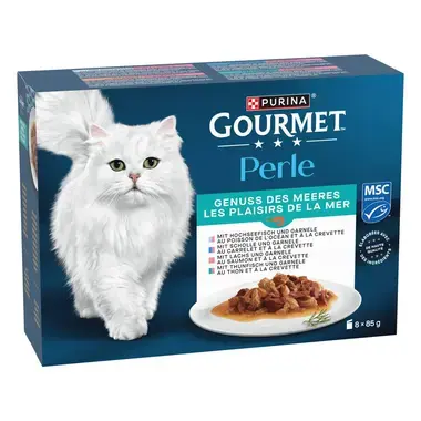PURINA Gourmet Perle Genuss des Meeres, mit Hochseefisch und Garnelen, Lachs und Garnelen, Scholle und Garnelen, Thunfisch un