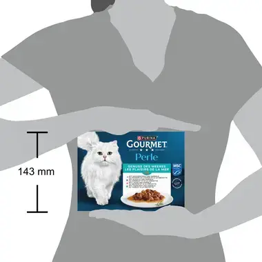PURINA Gourmet Perle Genuss des Meeres, mit Hochseefisch und Garnelen, Lachs und Garnelen, Scholle und Garnelen, Thunfisch un