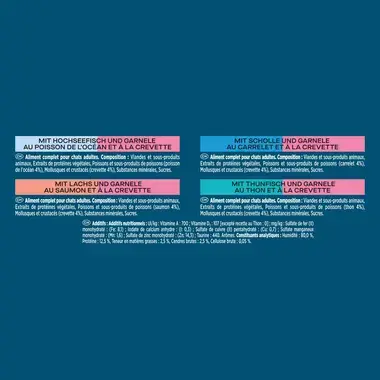 GOURMET PERLE Les Plaisirs de la Mer au Poisson de l'Océan et à la Crevette, au Thon et à la Crevette, au Saumon et à la Crev