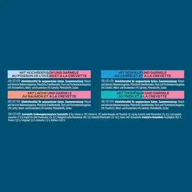 PURINA Gourmet Perle Genuss des Meeres, mit Hochseefisch und Garnelen, Lachs und Garnelen, Scholle und Garnelen, Thunfisch un