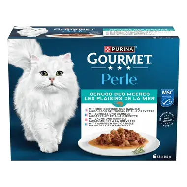 Gourmet Perle Genuss des Meeres, mit Hochseefisch und Garnelen, Lachs und Garnelen, Scholle und Garnelen, Thunfisch und Garne