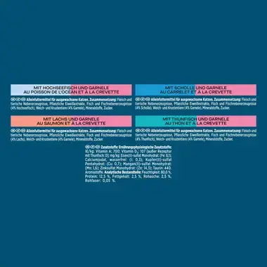 Gourmet Perle Genuss des Meeres, mit Hochseefisch und Garnelen, Lachs und Garnelen, Scholle und Garnelen, Thunfisch und Garne