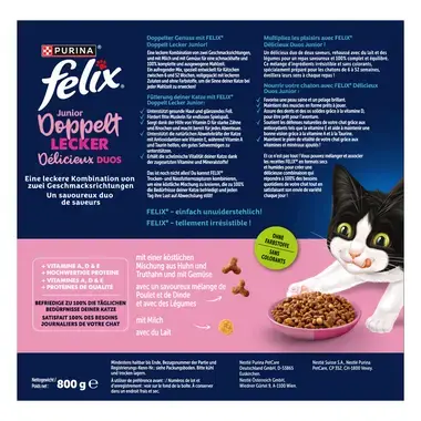 FELIX® Délicieux Duos Junior Poulet, Dinde, avec du Lait et des Légumes