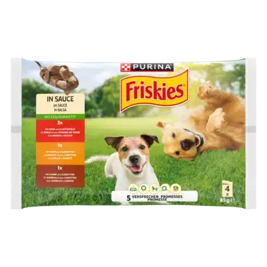 PURINA FRISKIES Adulte en Sauce au Poulet, Carottes, Bœuf, Pommes de Terre, Agneau et aux Carottes