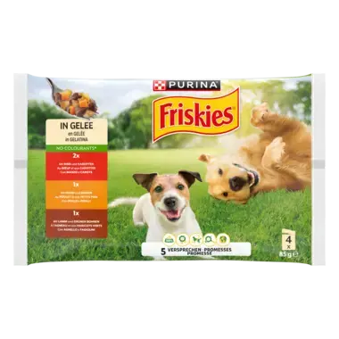 PURINA FRISKIES Adulte en Gelée au Poulet, Petits Pois, Bœuf, Carottes, Agneau et Haricots Verts